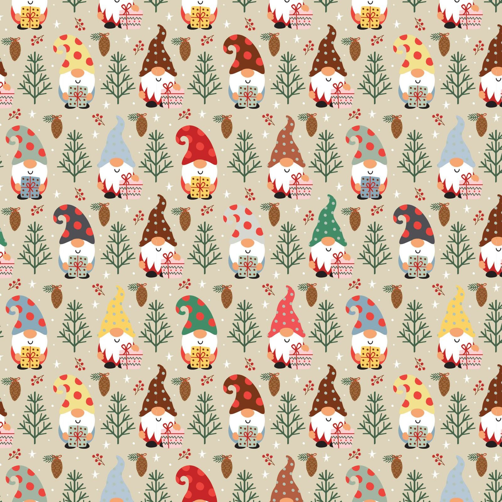 Gnomes Fabric,christmas Cotton Fabric by the Yard, 100% Cotton Fabric,christmas  Material, Quilting Fabric, Fern Leaves, Christmas Gifts 