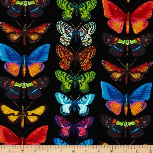 Tropical Rainforest Novelty Fabric By Benartex Features Multicoloured Butterflies On Black