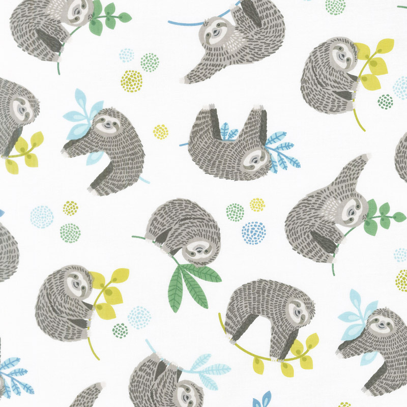 Sleepy Sloth quilt fabric by Northcott features sloths all over The