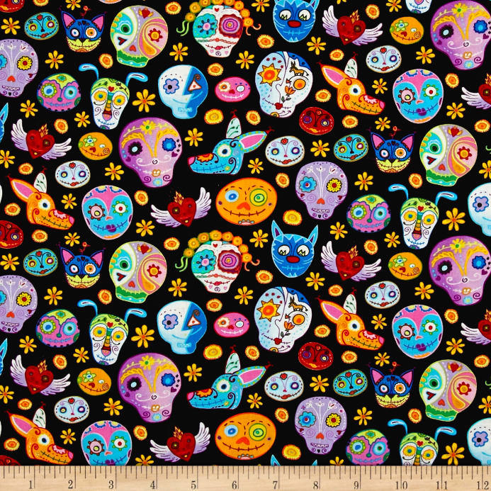 Marti sugar skulls and animals novelty fabric by Timeless Treasures on ...