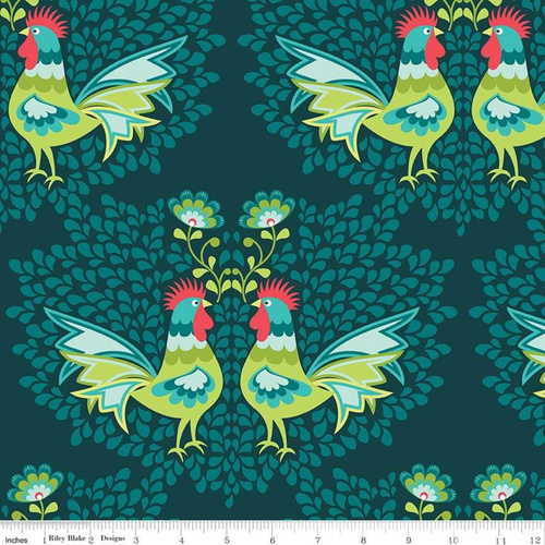 Lucy's Garden Main Rooster Panel Teal