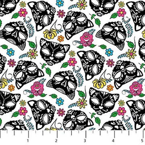 Sugar Skull Cats Nine Lives Northcutt Studios Skeleton Papel Picado Fiesta theme Fabric Licensed Novelty Cotton Fabric RMNT 7.5 x 44