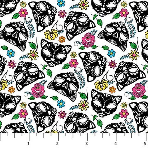 Nine Lives Floral Cat Heads Black