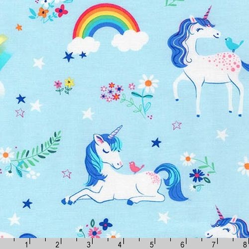 Robert Kaufman Happy Little Unicorns Blue
