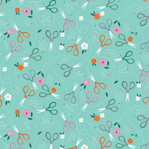 Stitch Scissors Flowers Aqua