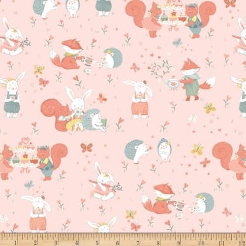 Woodland Tea Time Critters Animals Pink