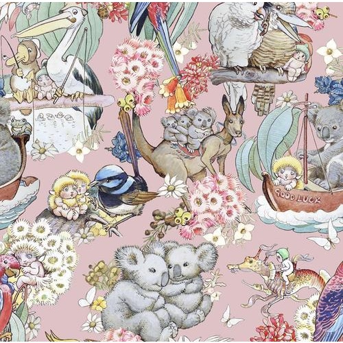 RARE May Gibbs May's Adventures Aussie Animals WIDE Pink 1/2m