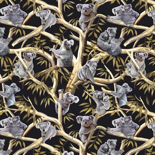 Australian Koalas in Eucalyptus Trees Fabric Black 9107B