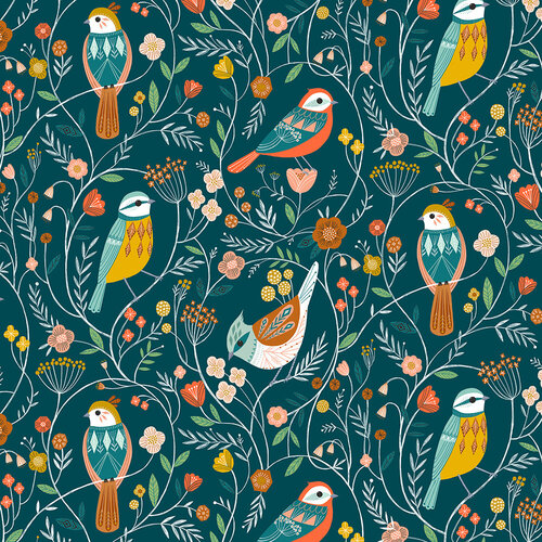 Aviary Bird Floral Teal 1723