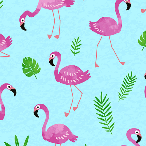 Tropical Breeze Flamingos Palm Frons Turq  9718-84