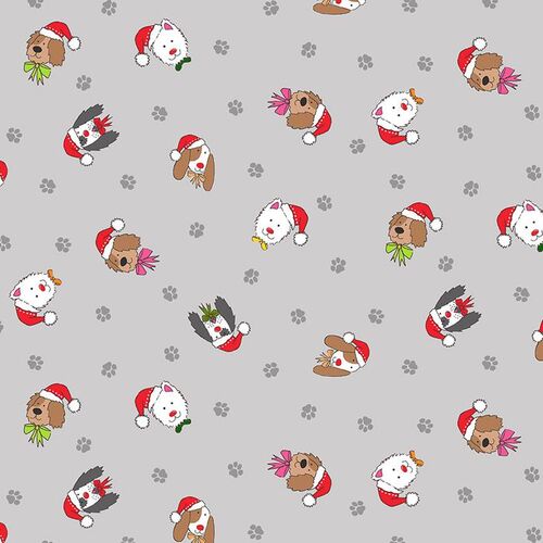 Yappy Christmas Dog Faces Paw Prints Grey 2366S 