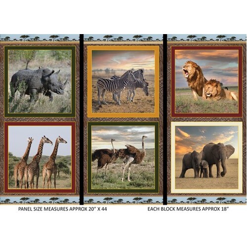 African Safari Animals Block Fabric Panel D - 61"