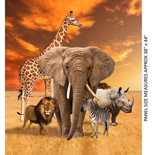 African Safari Big 5 Animals Fabric Panel B