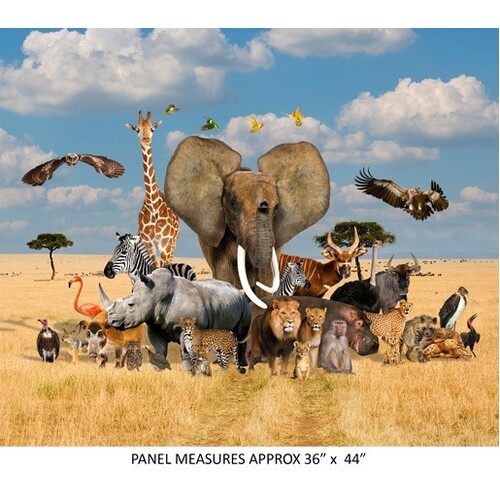 African Safari Animals Together Fabric Panel A