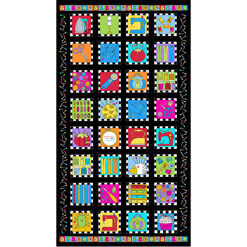 Andover Sew Happy Blocks Panel Black 9865K