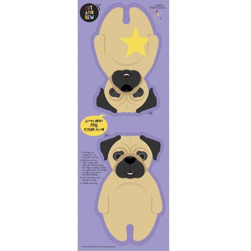 Plushie Pillow Cut & Sew Pug Dog Softie Panel DV3618