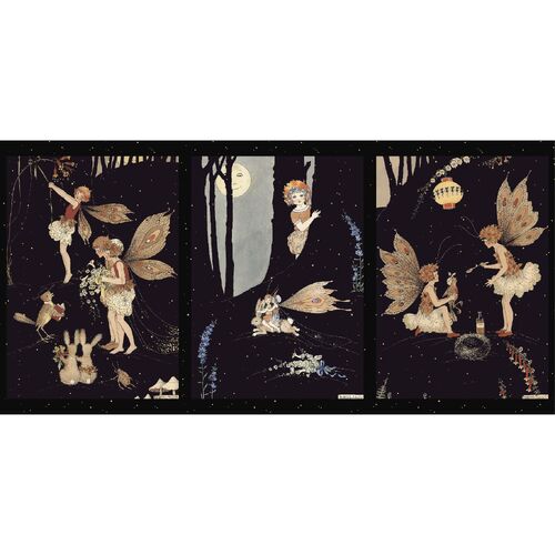Federation Fairies Triptych Panel Vertical 37 cm x 112cm Margaret Clark Art Deco illustrator 100% Quilting Cotton Panel.