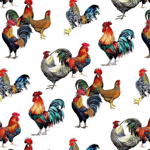 Country Roosters Chickens Allover White B