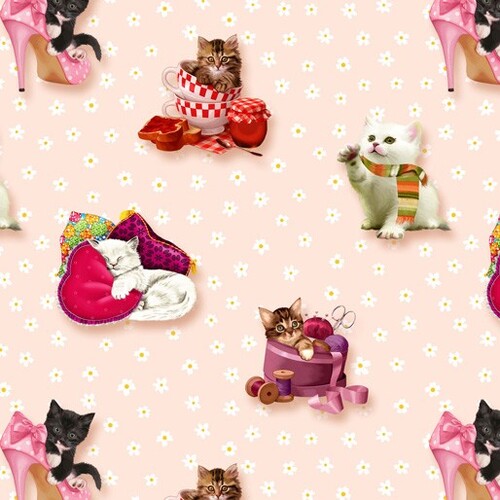 Playful Kittens Cats Allover Pink 797A