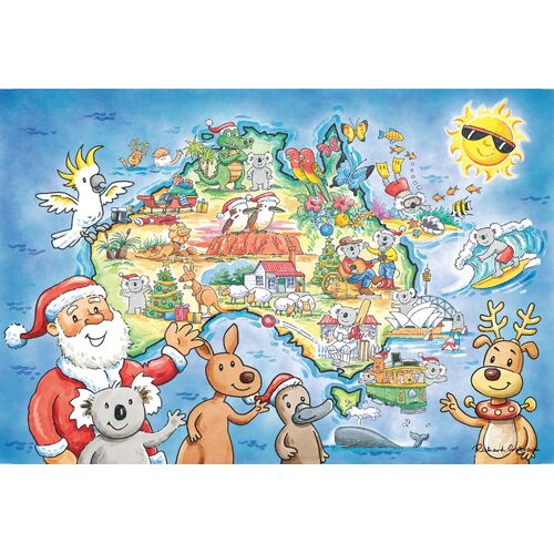 Summertime Santa Aussie Christmas Map Panel DV5417
