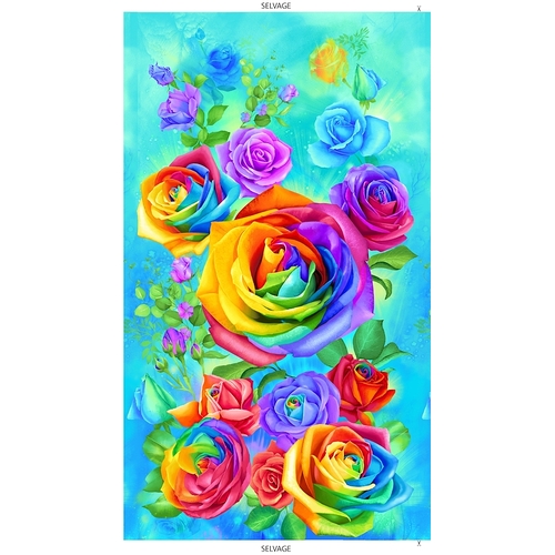 Rainbow Rose Floral Quilt Wall Panel Aqua 8946