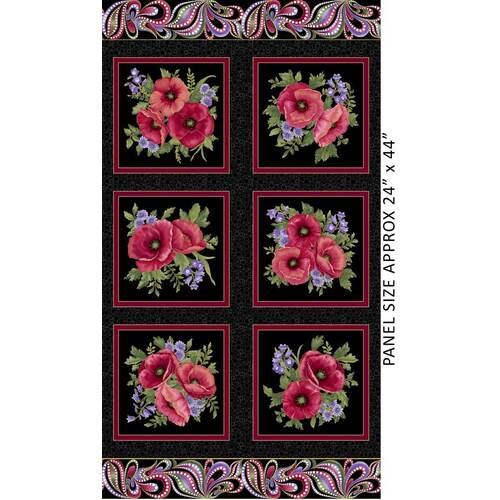 Amazing Poppies Poppy 6 Block 24" Panel Black 6012