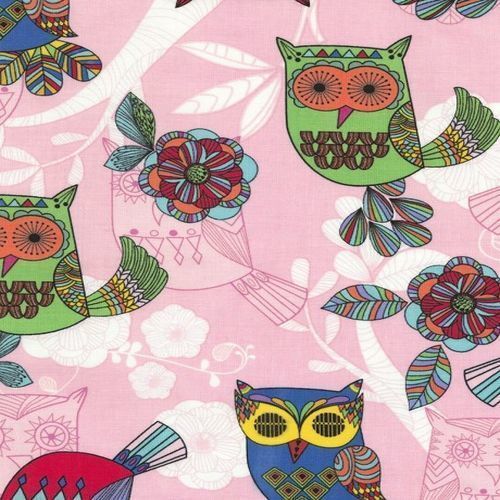 * SALE * Owls Flowers Multi Pink By the Metre