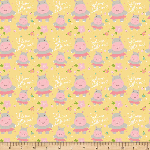 * SALE * Sweet Baby Girl Hippos Yellow By the Metre