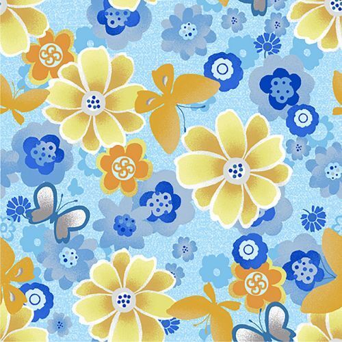 * SALE * Butterfly Floral Blue Yellow By the Metre