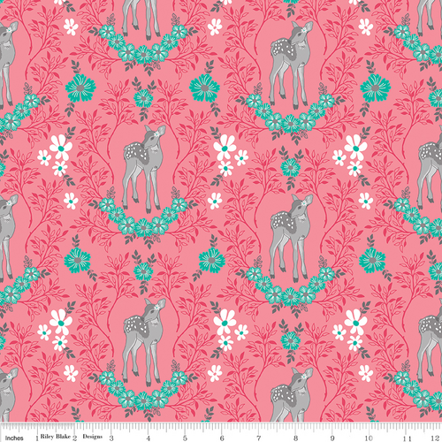 * SALE * Flora and Fawn Deer Pink By the Metre