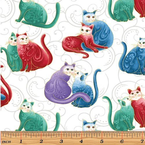 Fabric Remnant -Cat-i-tude Metallic Cats 31cm