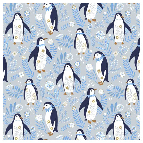 Dashwood Arctic Penguins Floral Metallic Grey D2201