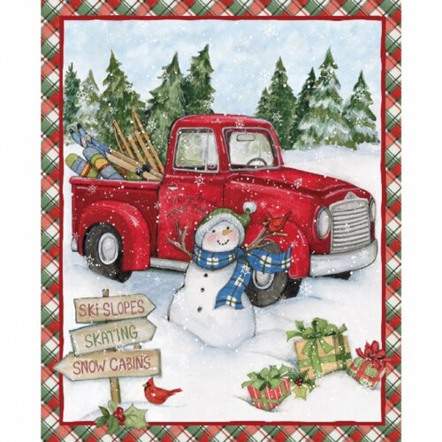 Christmas Vintage Car Snowman Panel 30250-1058