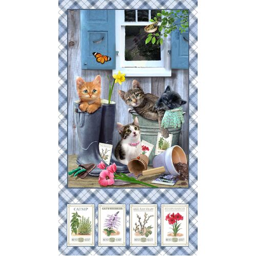 Kittens in the Garden Cats Panel Blue 9997P-11