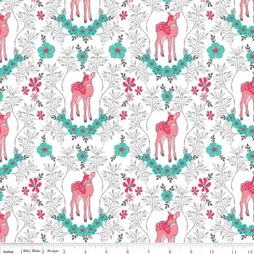 Fabric Remnant -Flora & Fawn Deers White 50cm