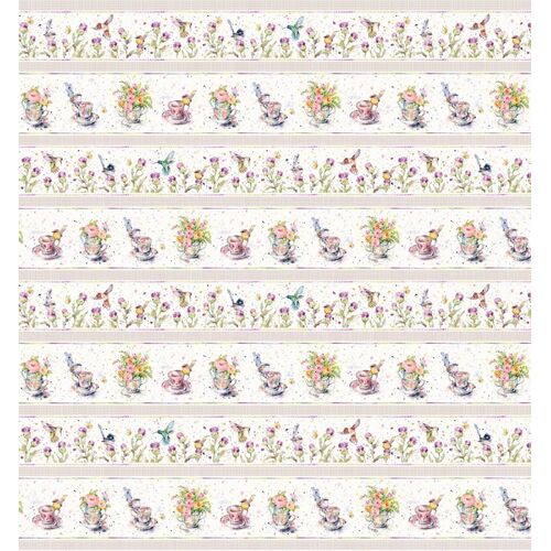 Fabric Remnant - 	Flowers & Feathers Tea Cup Stripe 87cm