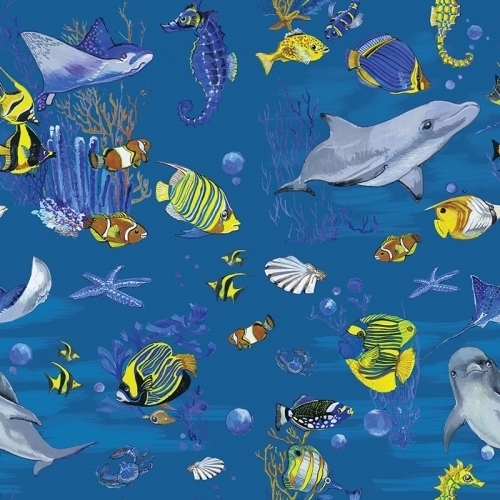 Fabric Remnant-Australian Marine Life Dolphin Whale Fish 50cm