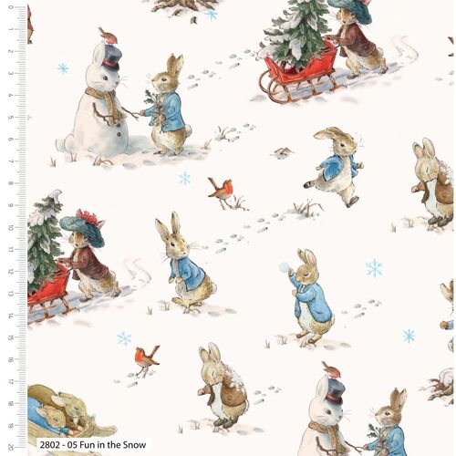 Fabric Remnant- Licensed Peter Rabbit Christmas Fun Snow 56cm