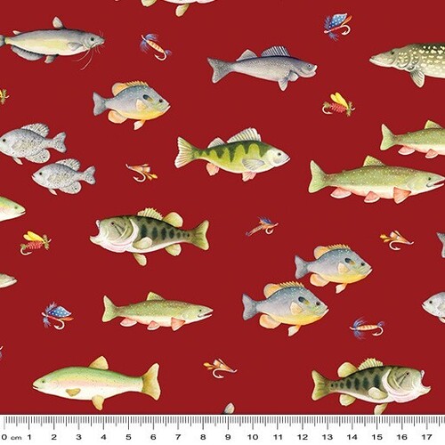 Fabric Remnant- Keep It Reel Go Fish Red 52cm