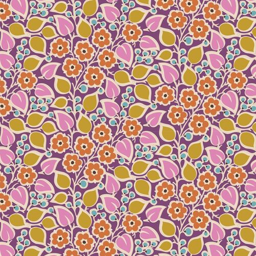 Tilda Pie In The Sky Topsy Turvy Floral Plum Mustard Cerise 100483