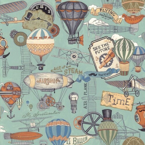 Fabric Remnant- Victorian Vintage Planes Hot Air Balloon 49cm