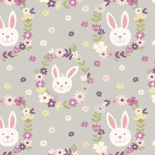 Bunny Garden Faces Flowers Grey By the Metre