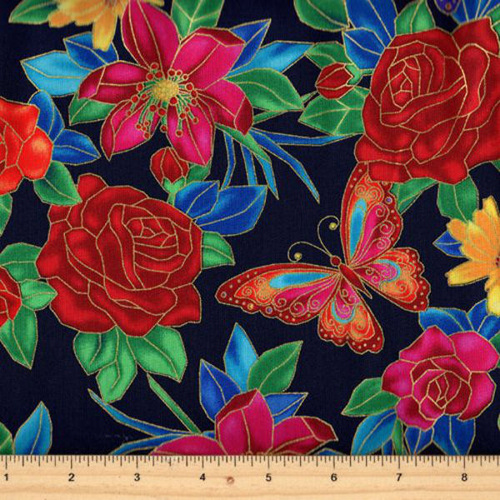 Fabric Remnant - OOP Tiffany Metallic Butterfly Floral 50cm