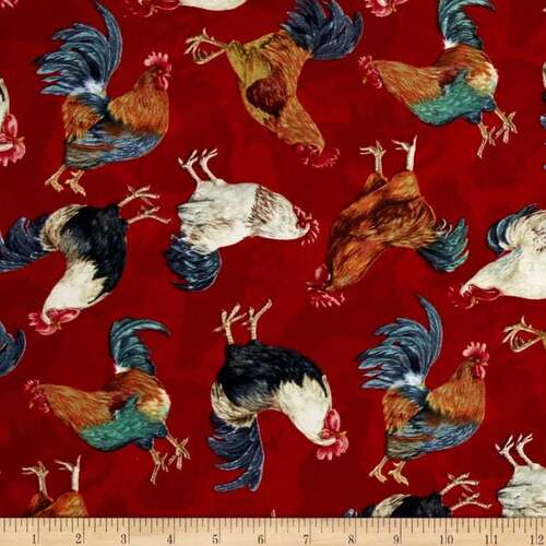 Fabric Remnant -Green Mountain Farm Roosters Red 50cm