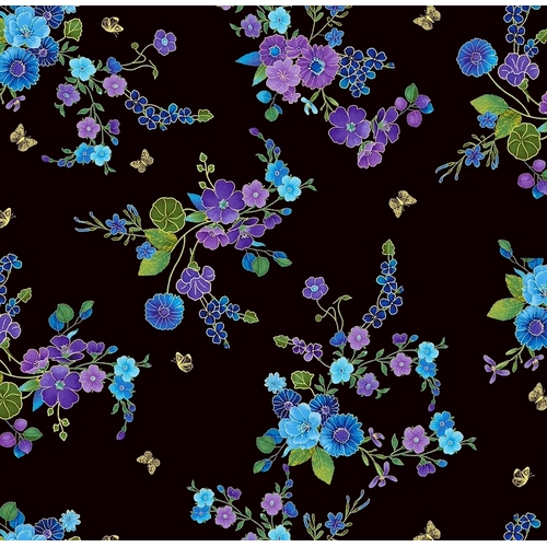 Fabric Remnant -Utopia Tossed Floral Metallic Black 63cm