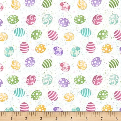 Fabric Remnant -Hoppy Easter Mini Tossed Eggs White 88cm