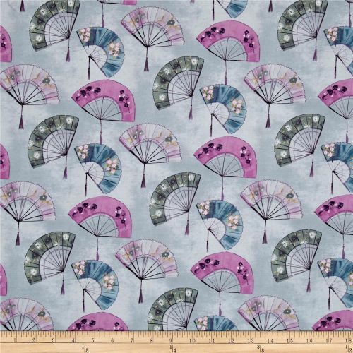 Fabric Remnant - Serafina Oriental Fans Grey  99cm