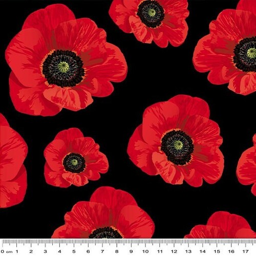 Fabric Remnant -Remembering ANZAC Poppy Poppies Black 78cm