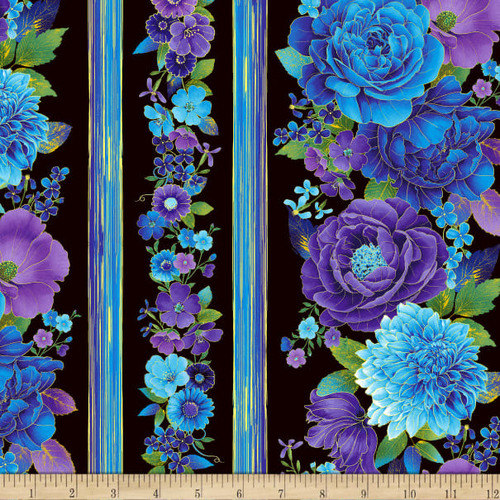 Fabric Remnant - Utopia Large Floral Metallic Border Stripe 26cm