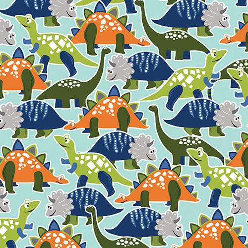 Fabric Remnant - Dino Glow Stacked Dinosaurs Aqua 67cm